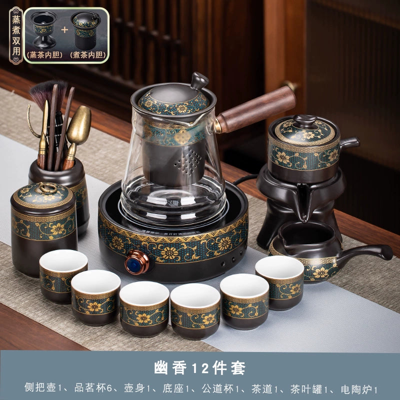 Effortless Tea Set with Heat-Resistant Teapot - Semi-Automatic Ceramic Gongfu Teacups & Stone-Mill Design for Home Brewing, Anti-Scald Tea Maker Kit