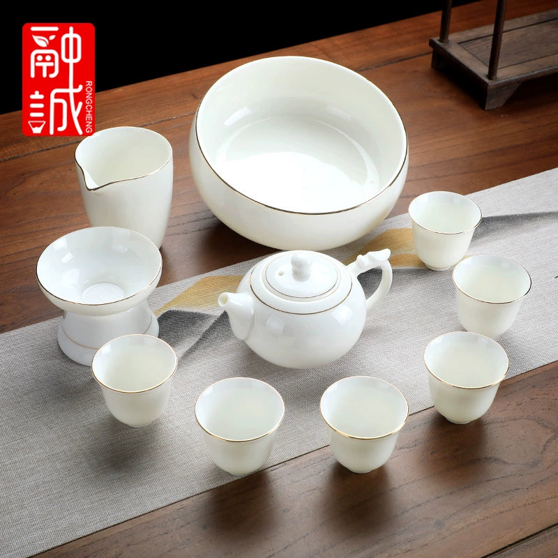 优质德化瓷茶具 - 玉釉陶瓷茶壶配紧凑茶杯,优雅白色陶瓷茶具,适用于家庭、办公室或客厅使用