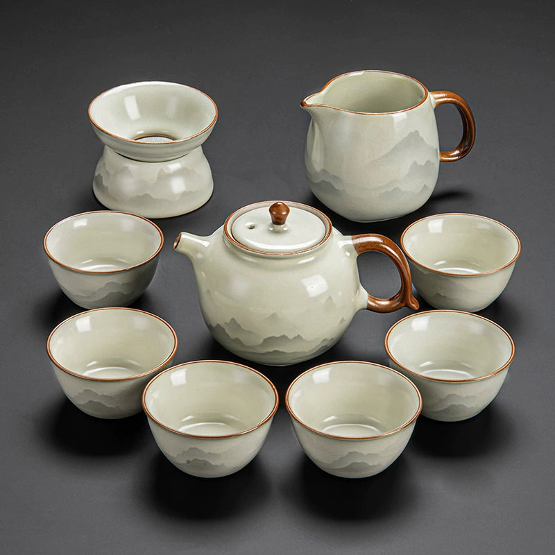Ru Kiln Ceramic Kung Fu Tea Set - Luxury Teapot, Gaiwan, Cups & Tray for Home Tea Ceremony, Premium Chinese Porcelain Brewing Kit