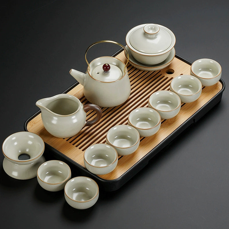 Ru Kiln Ceramic Kung Fu Tea Set - Luxury Teapot, Gaiwan, Cups & Tray for Home Tea Ceremony, Premium Chinese Porcelain Brewing Kit