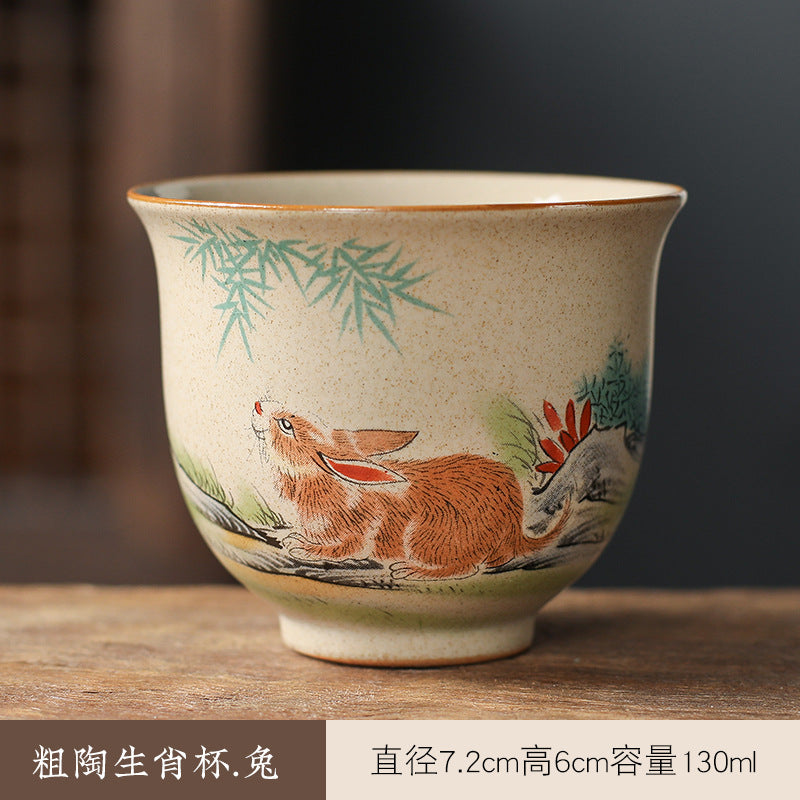 中国生肖陶瓷茶具 - 12件手绘动物茶杯与功夫茶,复古风格收藏茶具,适合家庭冲泡和亚洲文化爱好者
