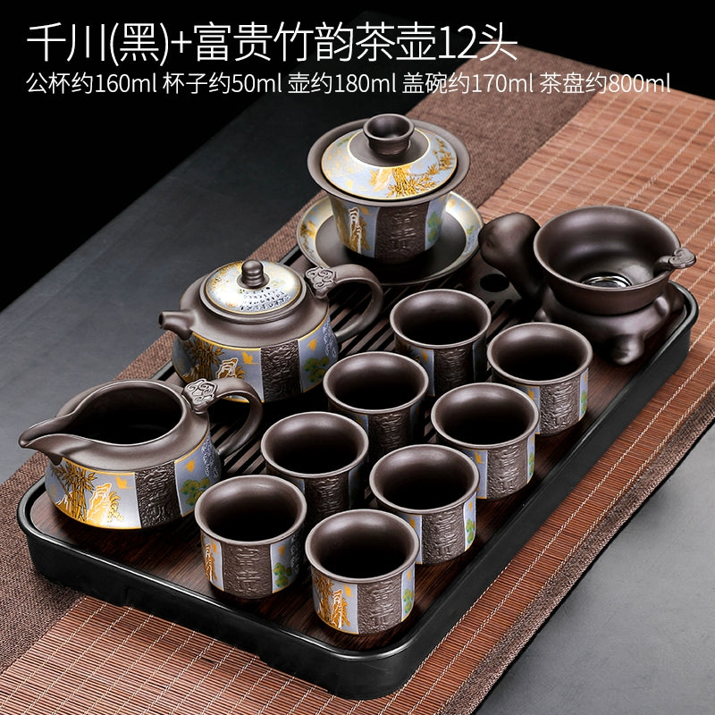 宜兴紫砂茶具 - 豪华自动茶壶配功夫茶杯,轻松冲泡家庭仪式,优质紫砂陶瓷配件