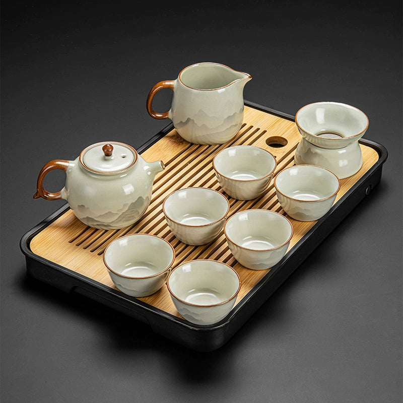 Ru Kiln Ceramic Kung Fu Tea Set - Luxury Teapot, Gaiwan, Cups & Tray for Home Tea Ceremony, Premium Chinese Porcelain Brewing Kit