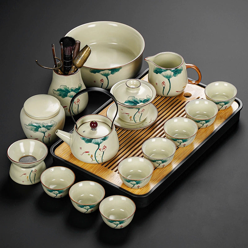 Ru Kiln Ceramic Kung Fu Tea Set - Luxury Teapot, Gaiwan, Cups & Tray for Home Tea Ceremony, Premium Chinese Porcelain Brewing Kit