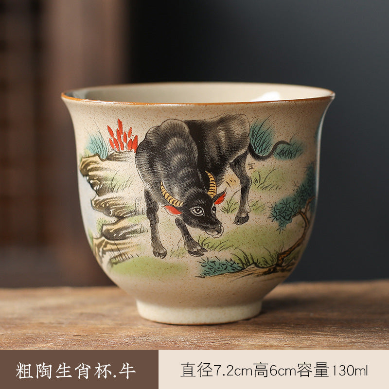 中国生肖陶瓷茶具 - 12件手绘动物茶杯与功夫茶,复古风格收藏茶具,适合家庭冲泡和亚洲文化爱好者