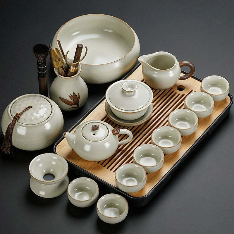 Ru Kiln Ceramic Kung Fu Tea Set - Luxury Teapot, Gaiwan, Cups & Tray for Home Tea Ceremony, Premium Chinese Porcelain Brewing Kit