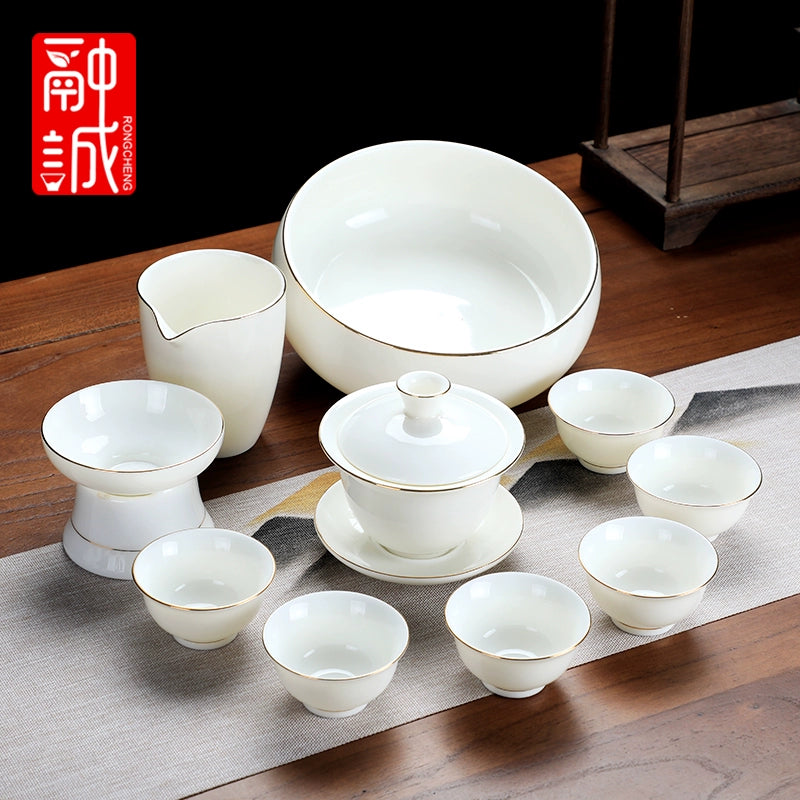 优质德化瓷茶具 - 玉釉陶瓷茶壶配紧凑茶杯,优雅白色陶瓷茶具,适用于家庭、办公室或客厅使用