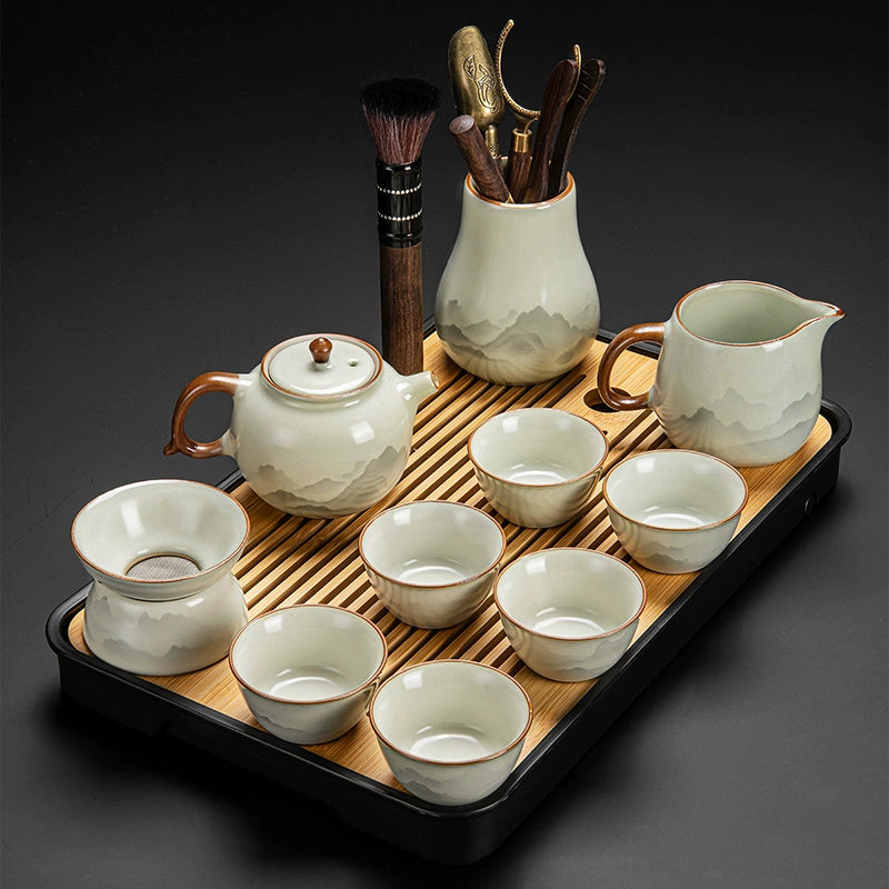 Ru Kiln Ceramic Kung Fu Tea Set - Luxury Teapot, Gaiwan, Cups & Tray for Home Tea Ceremony, Premium Chinese Porcelain Brewing Kit