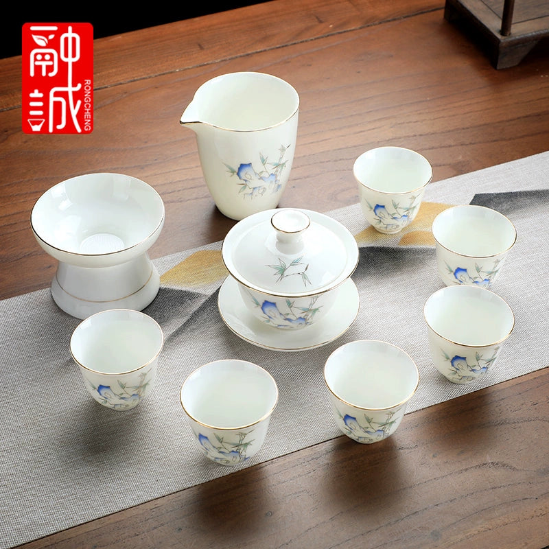 优质德化瓷茶具 - 玉釉陶瓷茶壶配紧凑茶杯,优雅白色陶瓷茶具,适用于家庭、办公室或客厅使用