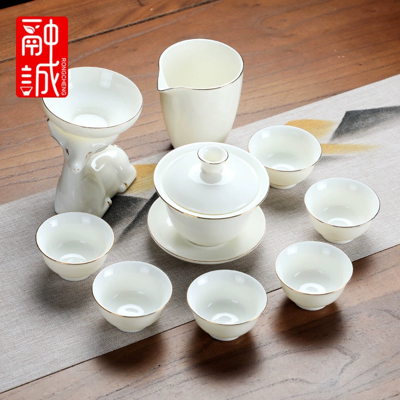 优质德化瓷茶具 - 玉釉陶瓷茶壶配紧凑茶杯,优雅白色陶瓷茶具,适用于家庭、办公室或客厅使用