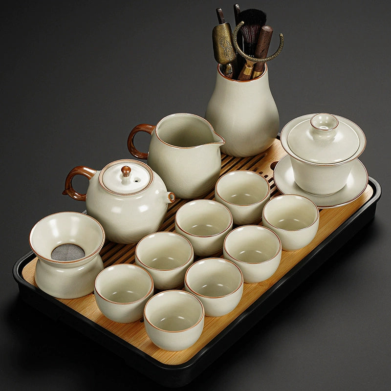 Ru Kiln Ceramic Kung Fu Tea Set - Luxury Teapot, Gaiwan, Cups & Tray for Home Tea Ceremony, Premium Chinese Porcelain Brewing Kit