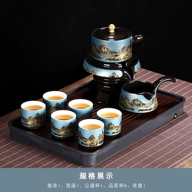 Effortless Tea Set with Heat-Resistant Teapot - Semi-Automatic Ceramic Gongfu Teacups & Stone-Mill Design for Home Brewing, Anti-Scald Tea Maker Kit