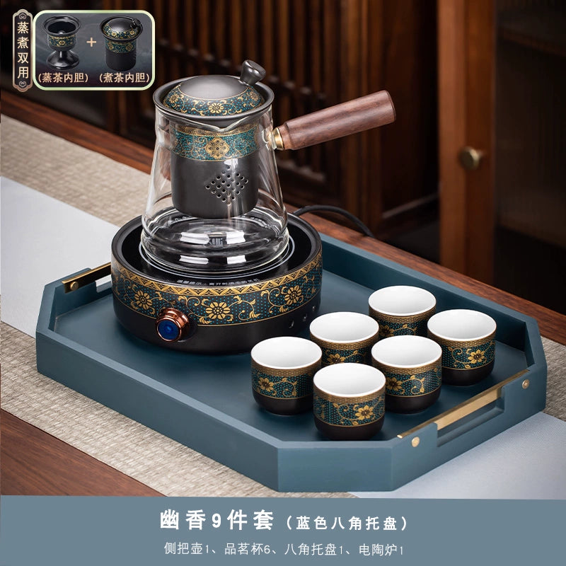 Effortless Tea Set with Heat-Resistant Teapot - Semi-Automatic Ceramic Gongfu Teacups & Stone-Mill Design for Home Brewing, Anti-Scald Tea Maker Kit