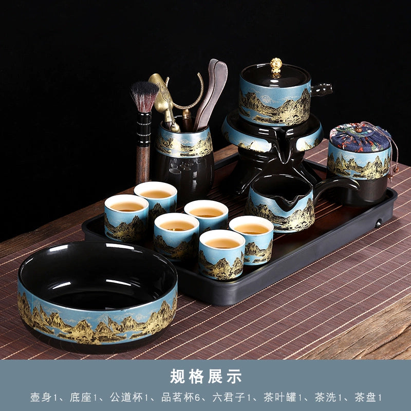 Effortless Tea Set with Heat-Resistant Teapot - Semi-Automatic Ceramic Gongfu Teacups & Stone-Mill Design for Home Brewing, Anti-Scald Tea Maker Kit