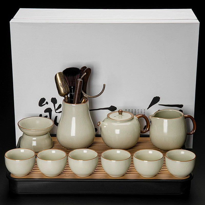 Ru Kiln Ceramic Kung Fu Tea Set - Luxury Teapot, Gaiwan, Cups & Tray for Home Tea Ceremony, Premium Chinese Porcelain Brewing Kit