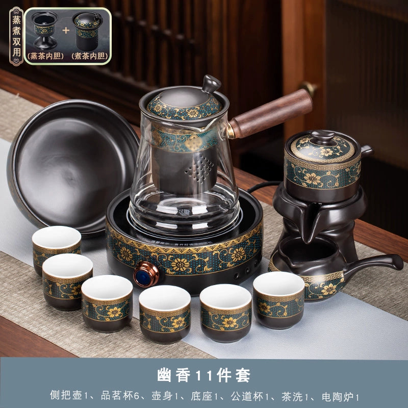Effortless Tea Set with Heat-Resistant Teapot - Semi-Automatic Ceramic Gongfu Teacups & Stone-Mill Design for Home Brewing, Anti-Scald Tea Maker Kit
