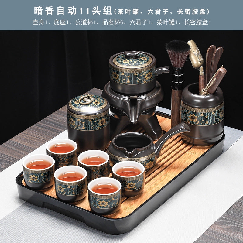 Effortless Tea Set with Heat-Resistant Teapot - Semi-Automatic Ceramic Gongfu Teacups & Stone-Mill Design for Home Brewing, Anti-Scald Tea Maker Kit