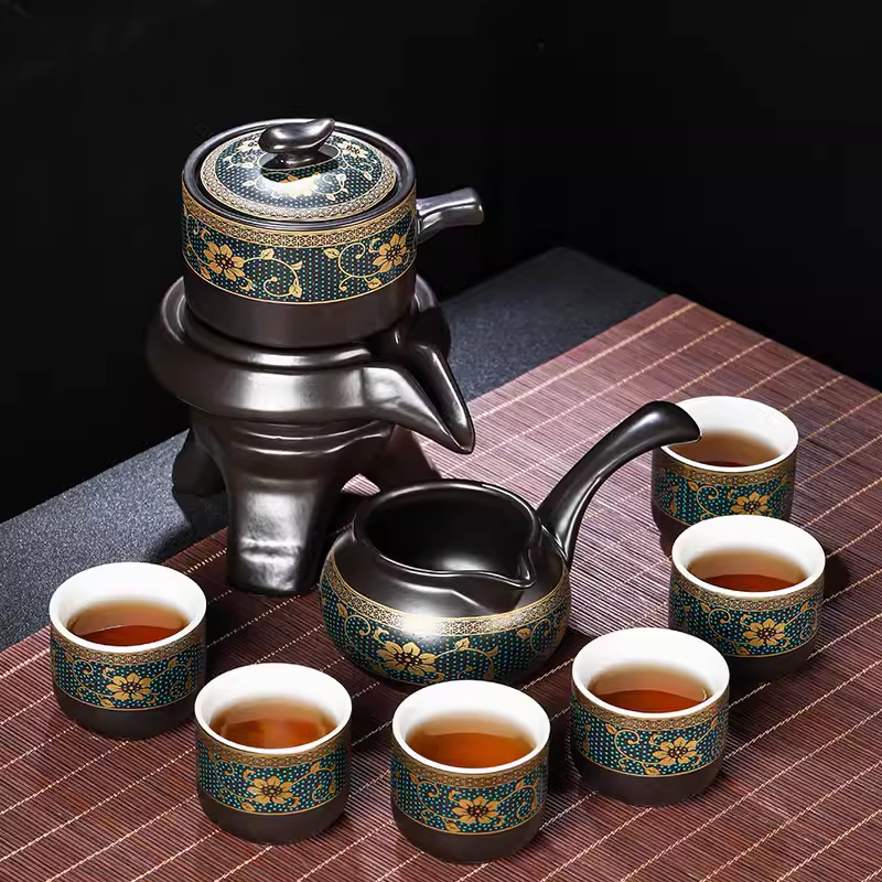 Effortless Tea Set with Heat-Resistant Teapot - Semi-Automatic Ceramic Gongfu Teacups & Stone-Mill Design for Home Brewing, Anti-Scald Tea Maker Kit