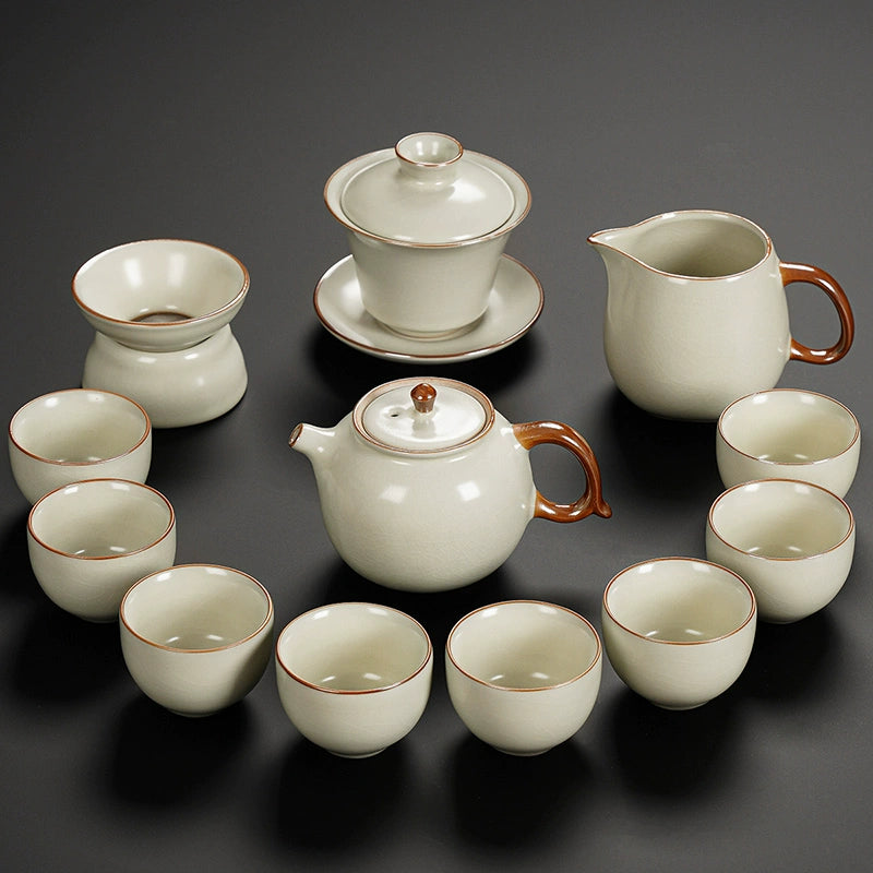 Ru Kiln Ceramic Kung Fu Tea Set - Luxury Teapot, Gaiwan, Cups & Tray for Home Tea Ceremony, Premium Chinese Porcelain Brewing Kit