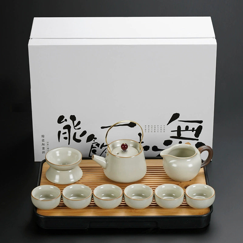 Ru Kiln Ceramic Kung Fu Tea Set - Luxury Teapot, Gaiwan, Cups & Tray for Home Tea Ceremony, Premium Chinese Porcelain Brewing Kit