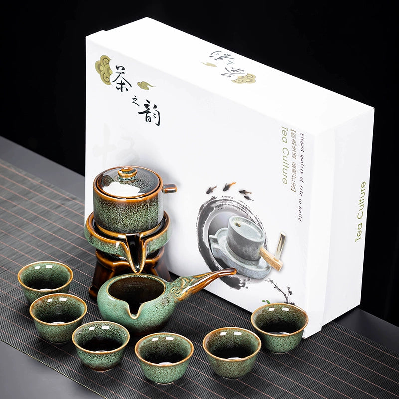 Effortless Tea Set with Heat-Resistant Teapot - Semi-Automatic Ceramic Gongfu Teacups & Stone-Mill Design for Home Brewing, Anti-Scald Tea Maker Kit