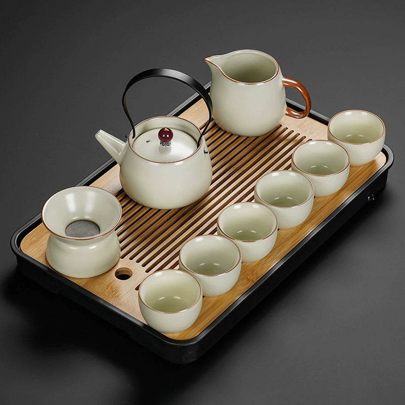 Ru Kiln Ceramic Kung Fu Tea Set - Luxury Teapot, Gaiwan, Cups & Tray for Home Tea Ceremony, Premium Chinese Porcelain Brewing Kit