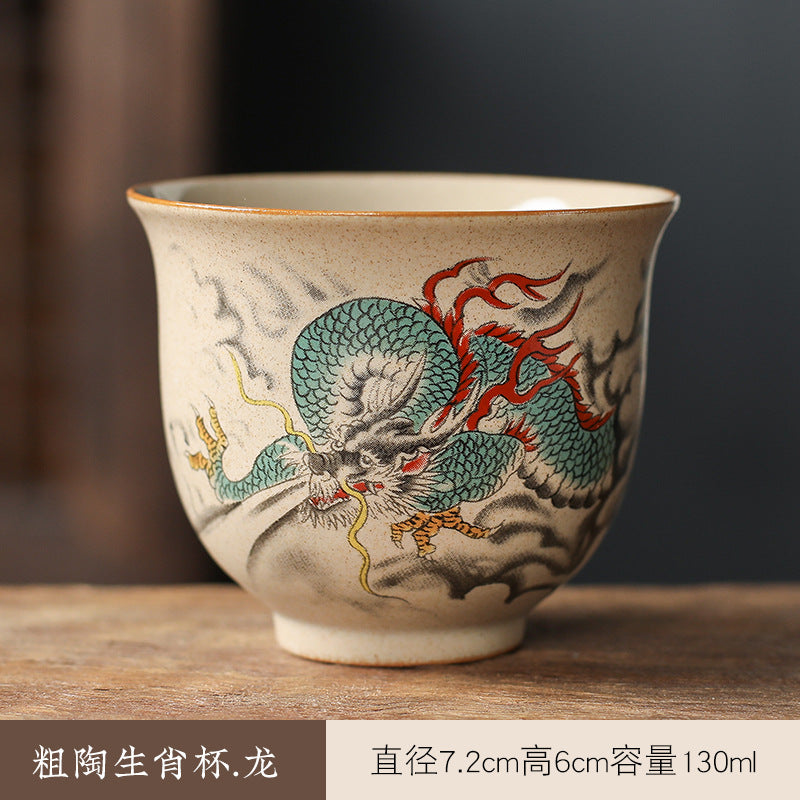 中国生肖陶瓷茶具 - 12件手绘动物茶杯与功夫茶,复古风格收藏茶具,适合家庭冲泡和亚洲文化爱好者