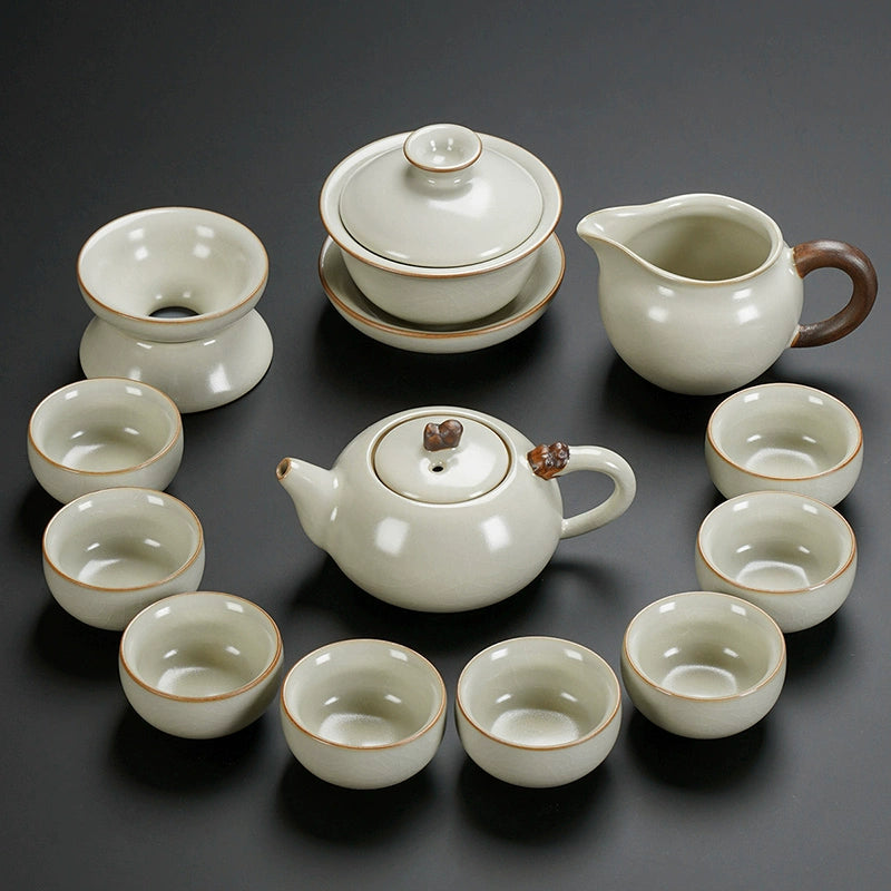 Ru Kiln Ceramic Kung Fu Tea Set - Luxury Teapot, Gaiwan, Cups & Tray for Home Tea Ceremony, Premium Chinese Porcelain Brewing Kit