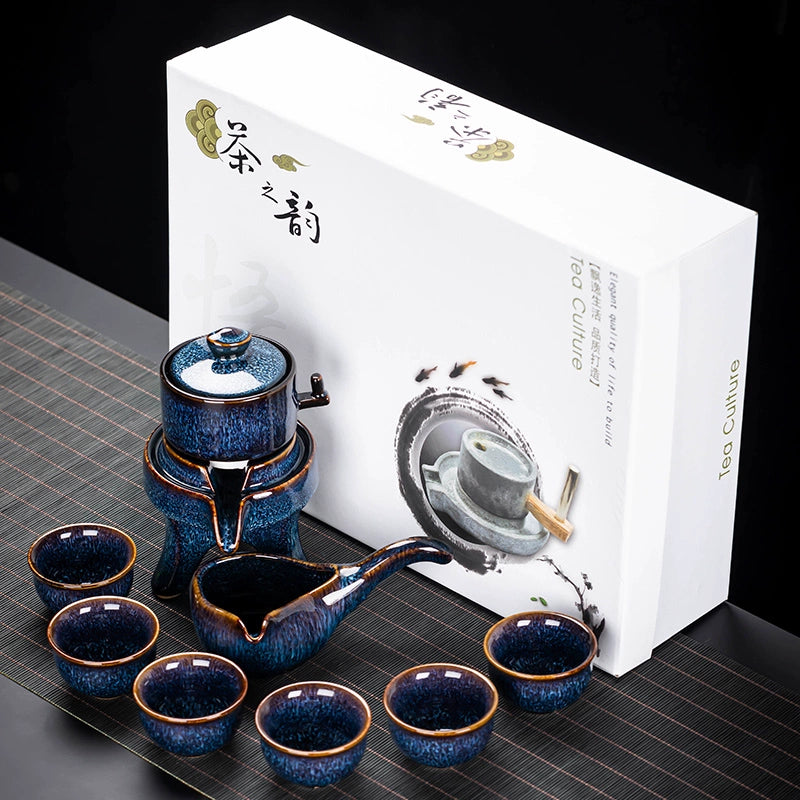 Effortless Tea Set with Heat-Resistant Teapot - Semi-Automatic Ceramic Gongfu Teacups & Stone-Mill Design for Home Brewing, Anti-Scald Tea Maker Kit