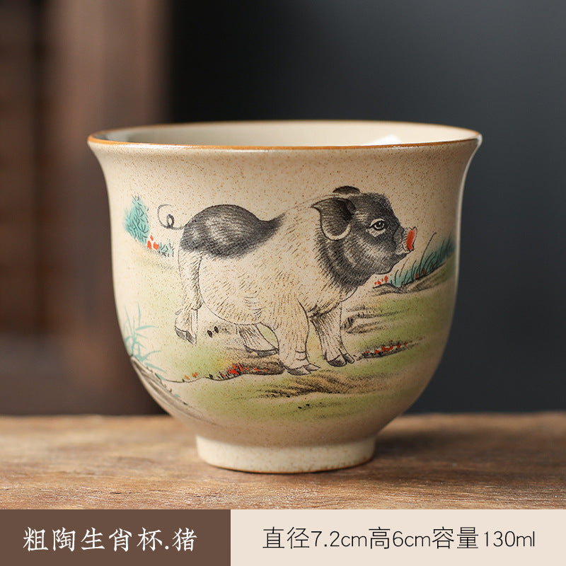 中国生肖陶瓷茶具 - 12件手绘动物茶杯与功夫茶,复古风格收藏茶具,适合家庭冲泡和亚洲文化爱好者