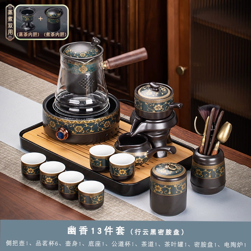 Effortless Tea Set with Heat-Resistant Teapot - Semi-Automatic Ceramic Gongfu Teacups & Stone-Mill Design for Home Brewing, Anti-Scald Tea Maker Kit