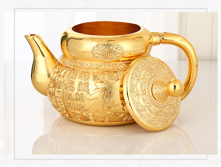 Luxury Gold "Fu" Chinese Gongfu Tea Set - Complete Alloy Teapot & Cups with Tray, Compact Home Brewing Kit for Coffee Table, Elegant Gift for Tea Lovers