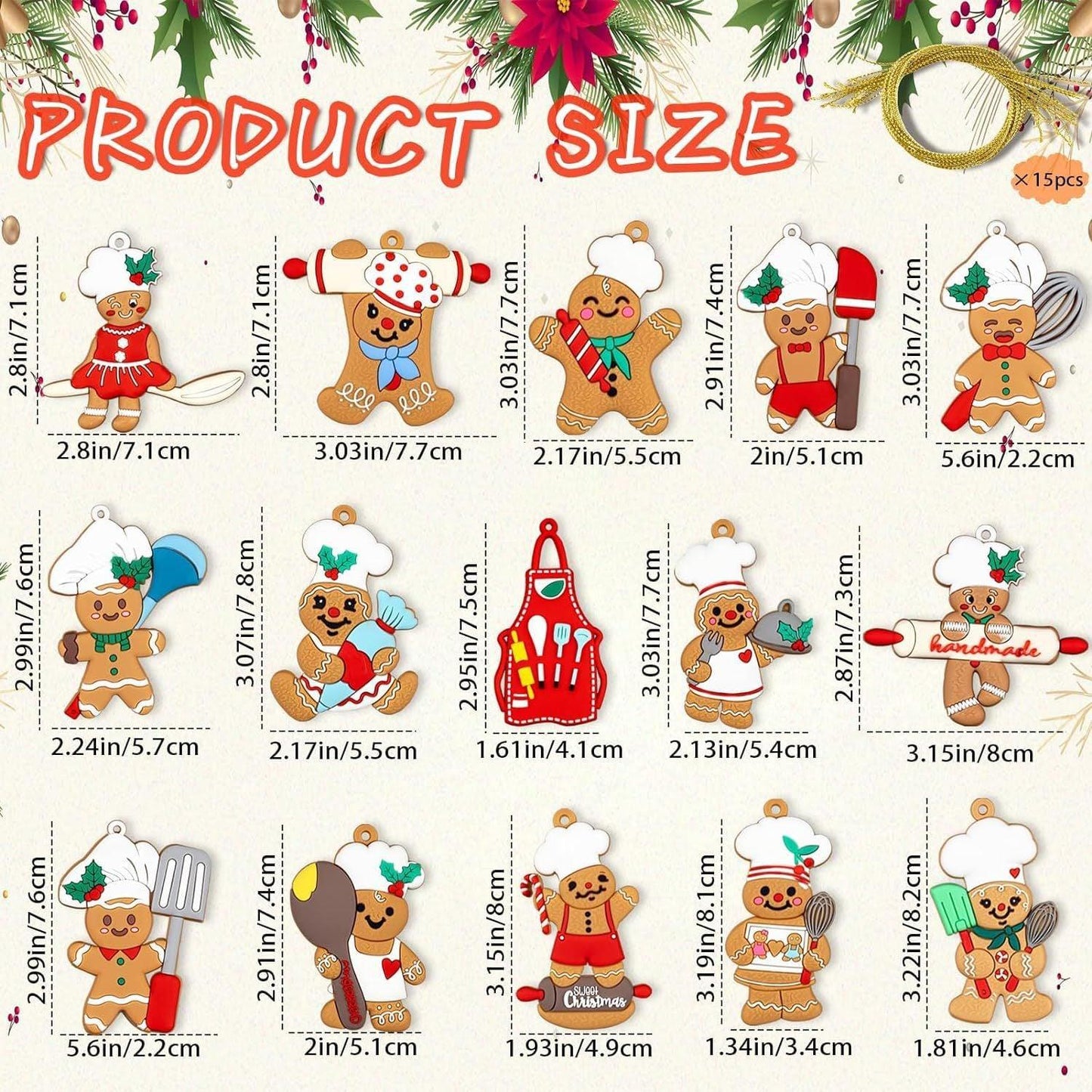 12pcs Gingerbread Man Ornaments for Christmas Tree, Assorted Gingerbread Figurines Ornaments, Christmas Tree Hanging Decorations, 3 Inch Tall