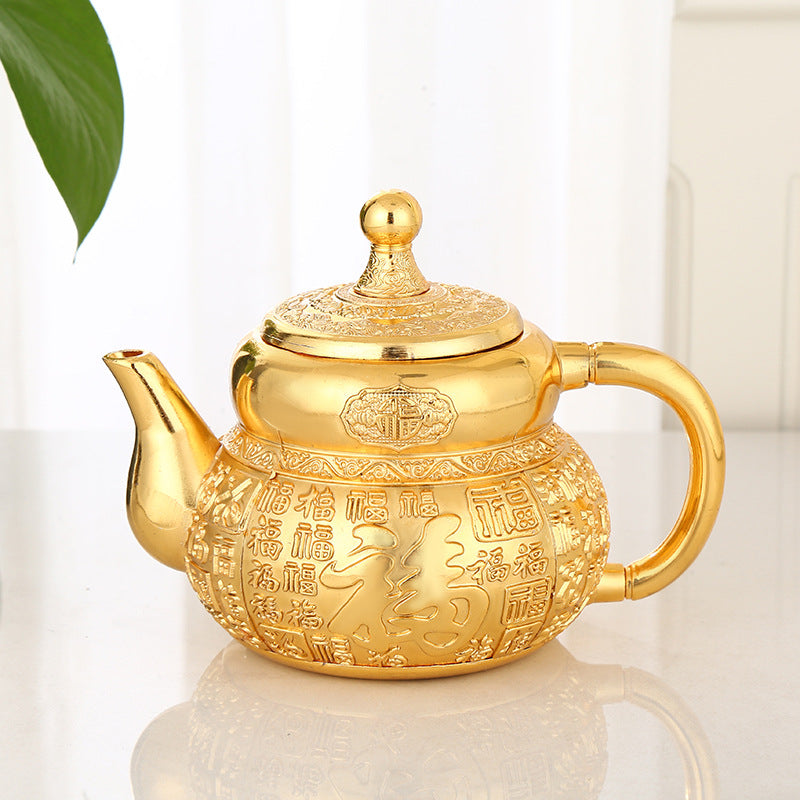 Luxury Gold "Fu" Chinese Gongfu Tea Set - Complete Alloy Teapot & Cups with Tray, Compact Home Brewing Kit for Coffee Table, Elegant Gift for Tea Lovers