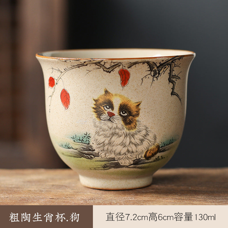 中国生肖陶瓷茶具 - 12件手绘动物茶杯与功夫茶,复古风格收藏茶具,适合家庭冲泡和亚洲文化爱好者