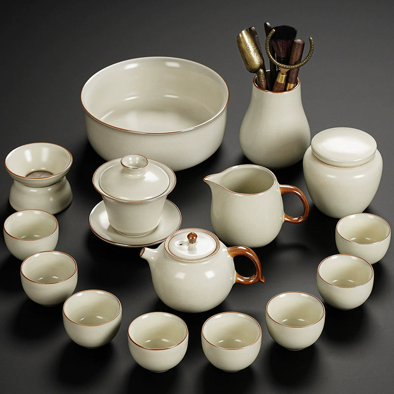Ru Kiln Ceramic Kung Fu Tea Set - Luxury Teapot, Gaiwan, Cups & Tray for Home Tea Ceremony, Premium Chinese Porcelain Brewing Kit