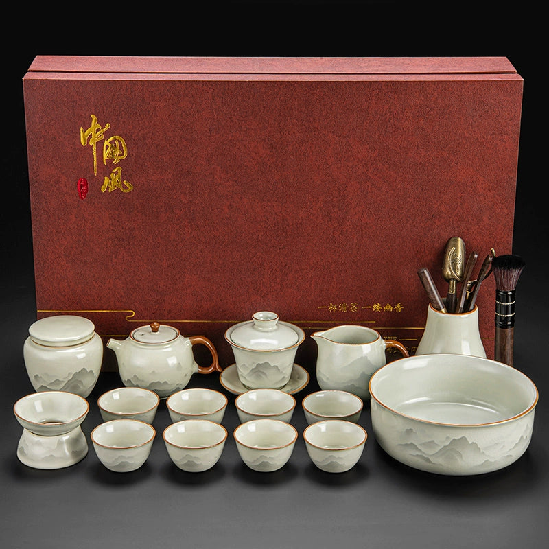Ru Kiln Ceramic Kung Fu Tea Set - Luxury Teapot, Gaiwan, Cups & Tray for Home Tea Ceremony, Premium Chinese Porcelain Brewing Kit