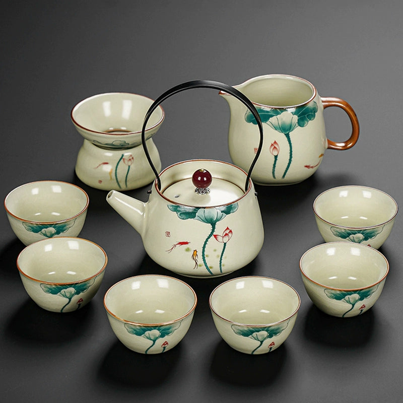 Ru Kiln Ceramic Kung Fu Tea Set - Luxury Teapot, Gaiwan, Cups & Tray for Home Tea Ceremony, Premium Chinese Porcelain Brewing Kit