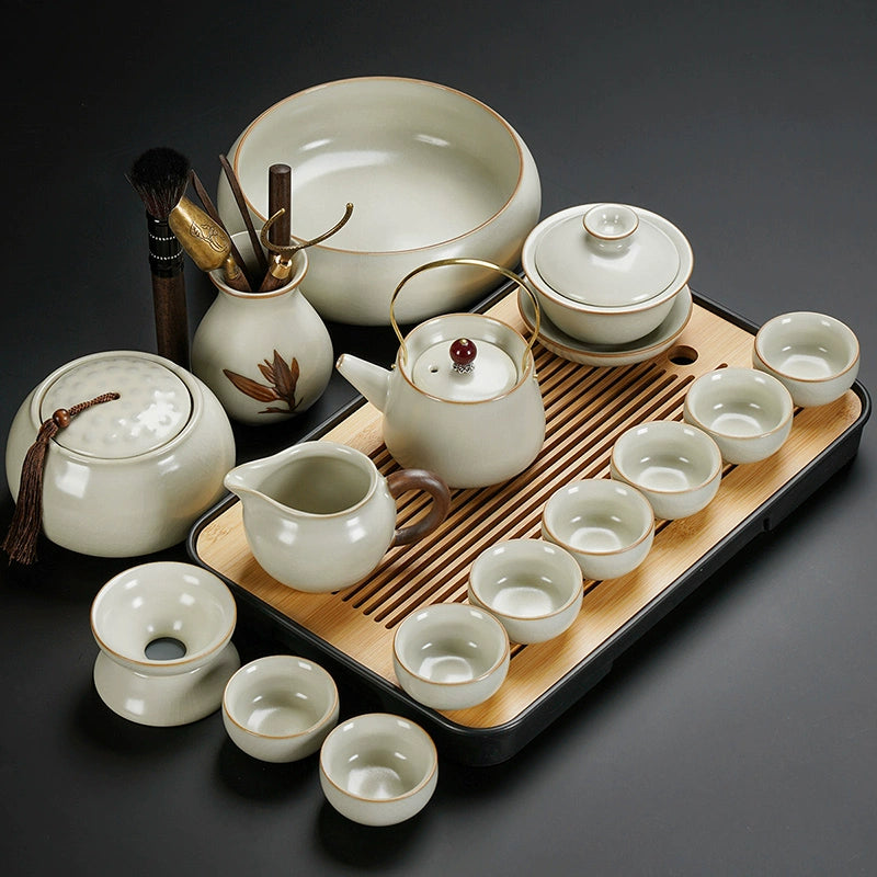 Ru Kiln Ceramic Kung Fu Tea Set - Luxury Teapot, Gaiwan, Cups & Tray for Home Tea Ceremony, Premium Chinese Porcelain Brewing Kit