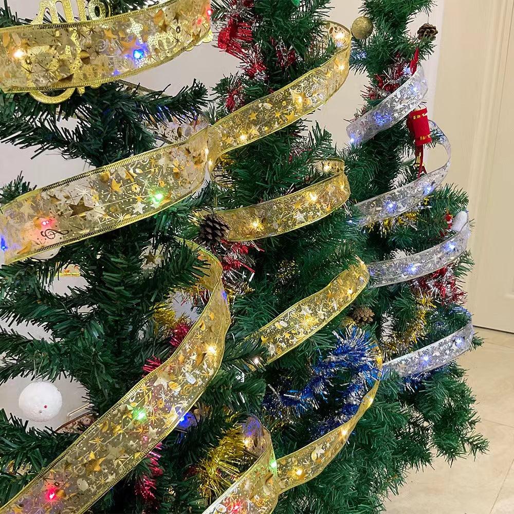 Christmas Tree Ribbon String Lights - 33ft 100 LED Battery Powered Fairy Lights with Timer and 8 Lighting Modes, Christmas Ribbon Bows Lights for 6ft - 8ft Christmas Tree New Year Decor, Gold