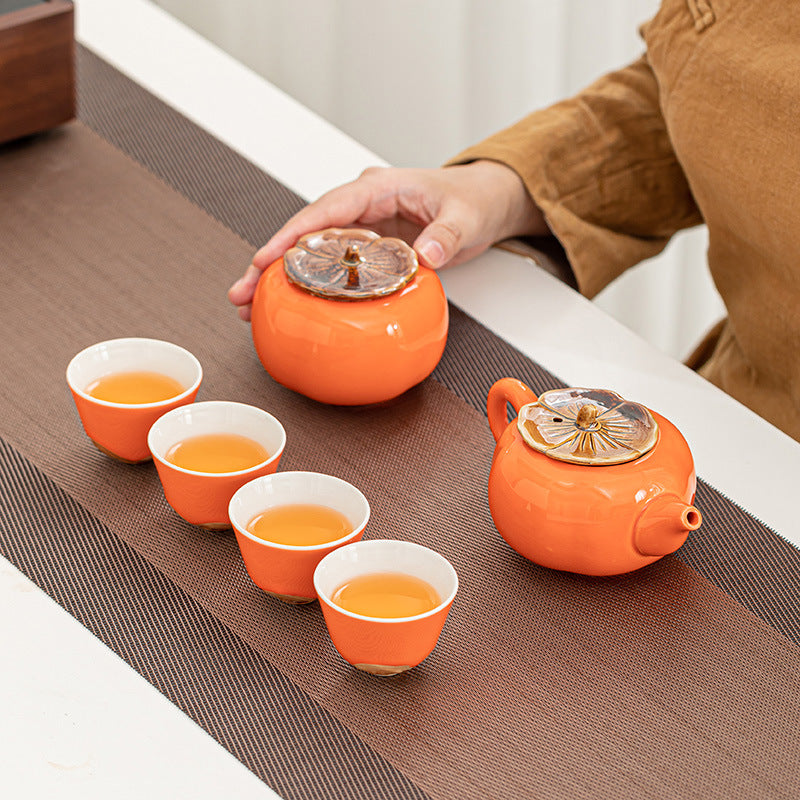 柿子形陶瓷茶具套装 - 含茶壶和茶杯的完整礼盒,定制好运设计,适合节日赠礼(200ml / 6.76oz)