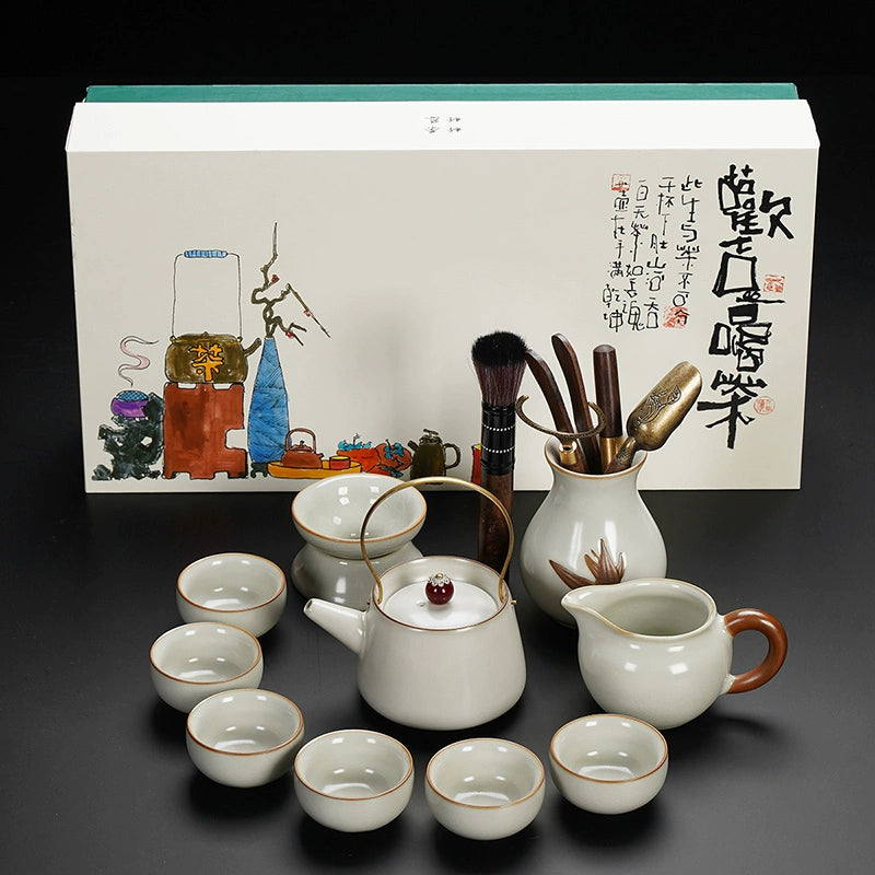Ru Kiln Ceramic Kung Fu Tea Set - Luxury Teapot, Gaiwan, Cups & Tray for Home Tea Ceremony, Premium Chinese Porcelain Brewing Kit