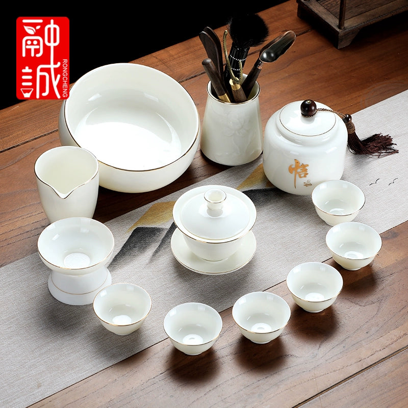 优质德化瓷茶具 - 玉釉陶瓷茶壶配紧凑茶杯,优雅白色陶瓷茶具,适用于家庭、办公室或客厅使用