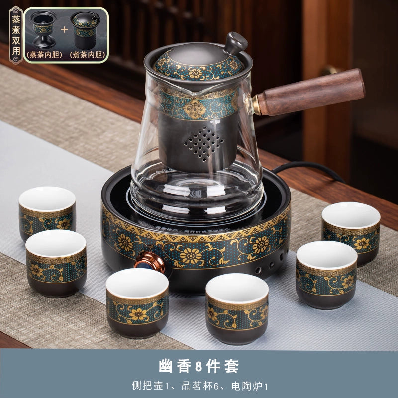Effortless Tea Set with Heat-Resistant Teapot - Semi-Automatic Ceramic Gongfu Teacups & Stone-Mill Design for Home Brewing, Anti-Scald Tea Maker Kit
