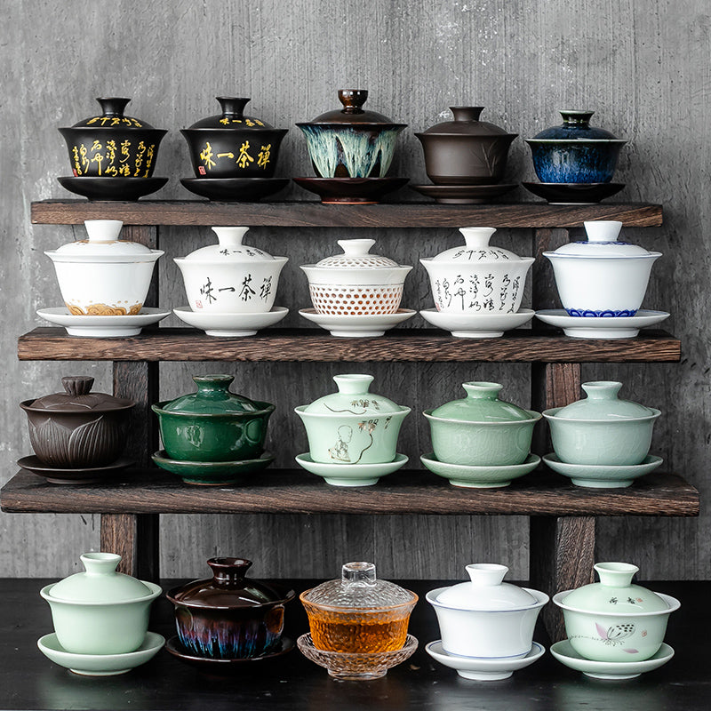 Extra-Large Sancai Lidded Tea Bowl - Ceramic Gongfu Tea Set with Dehua Blue-and-White Porcelain Design, White Porcelain Covered Cup for Brewing and Serving