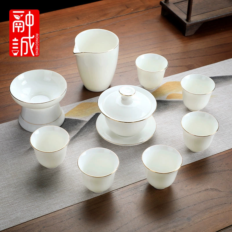 优质德化瓷茶具 - 玉釉陶瓷茶壶配紧凑茶杯,优雅白色陶瓷茶具,适用于家庭、办公室或客厅使用