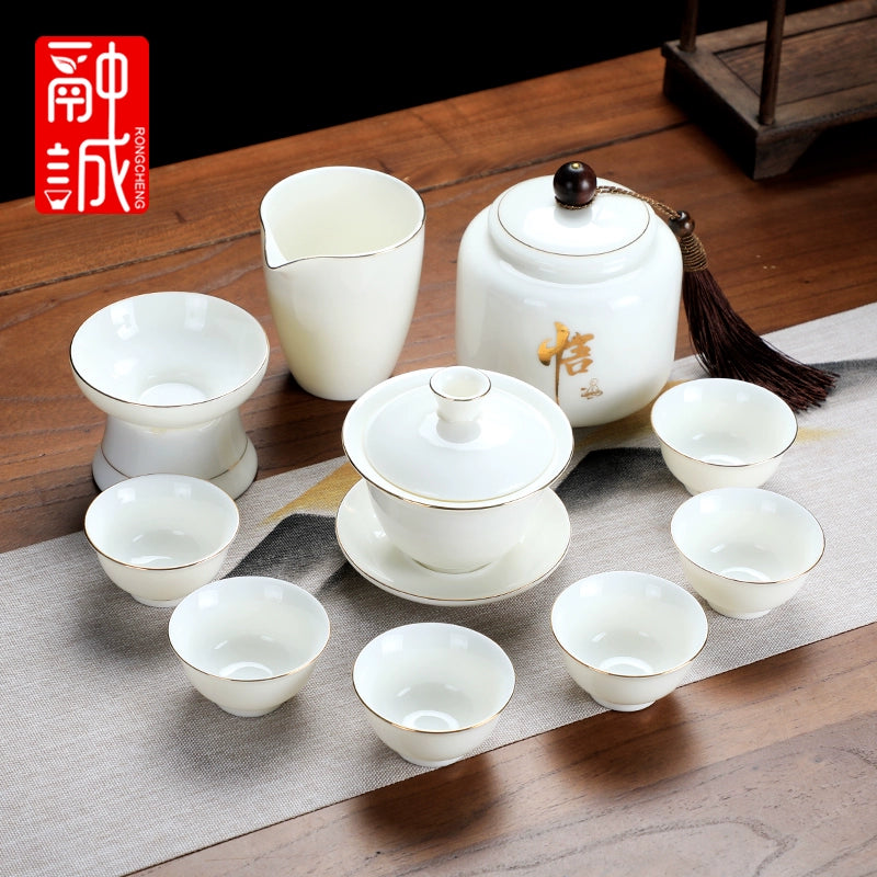 优质德化瓷茶具 - 玉釉陶瓷茶壶配紧凑茶杯,优雅白色陶瓷茶具,适用于家庭、办公室或客厅使用