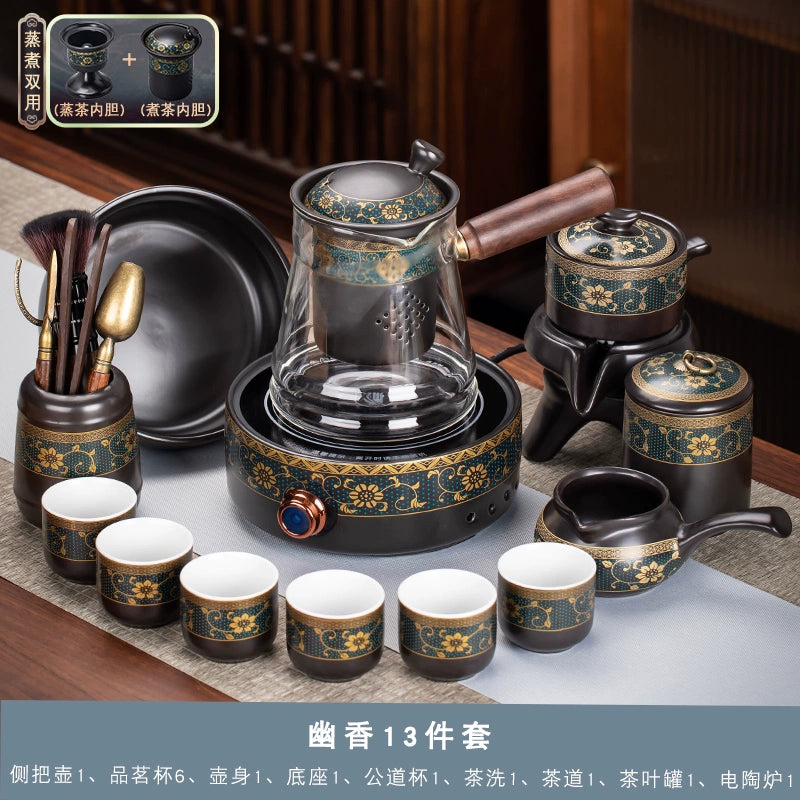 Effortless Tea Set with Heat-Resistant Teapot - Semi-Automatic Ceramic Gongfu Teacups & Stone-Mill Design for Home Brewing, Anti-Scald Tea Maker Kit