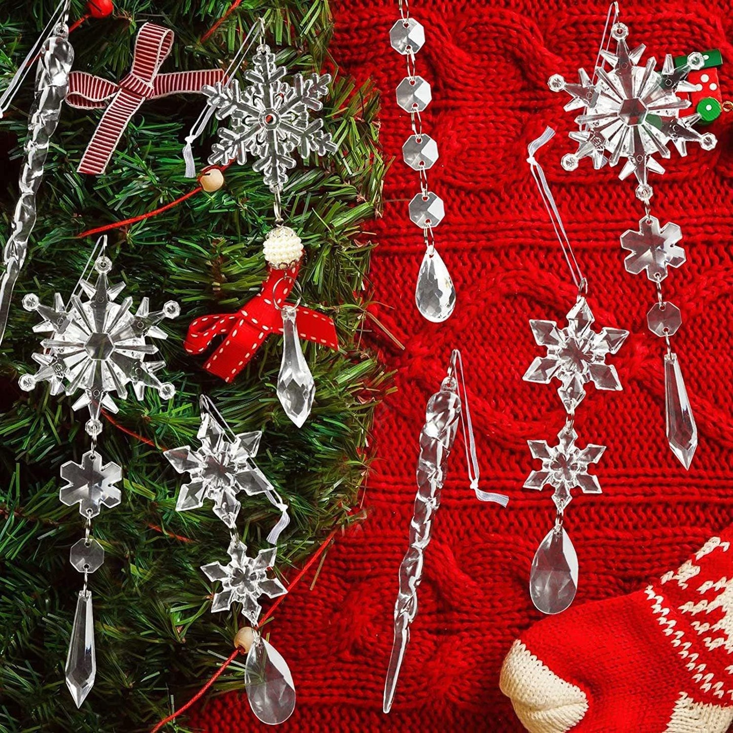 10pcs Christmas Tree Decoration Crystal Ornaments - Hanging Acrylic Christmas Snowflake Icicle Drop Crystal Ornaments for Christmas Tree