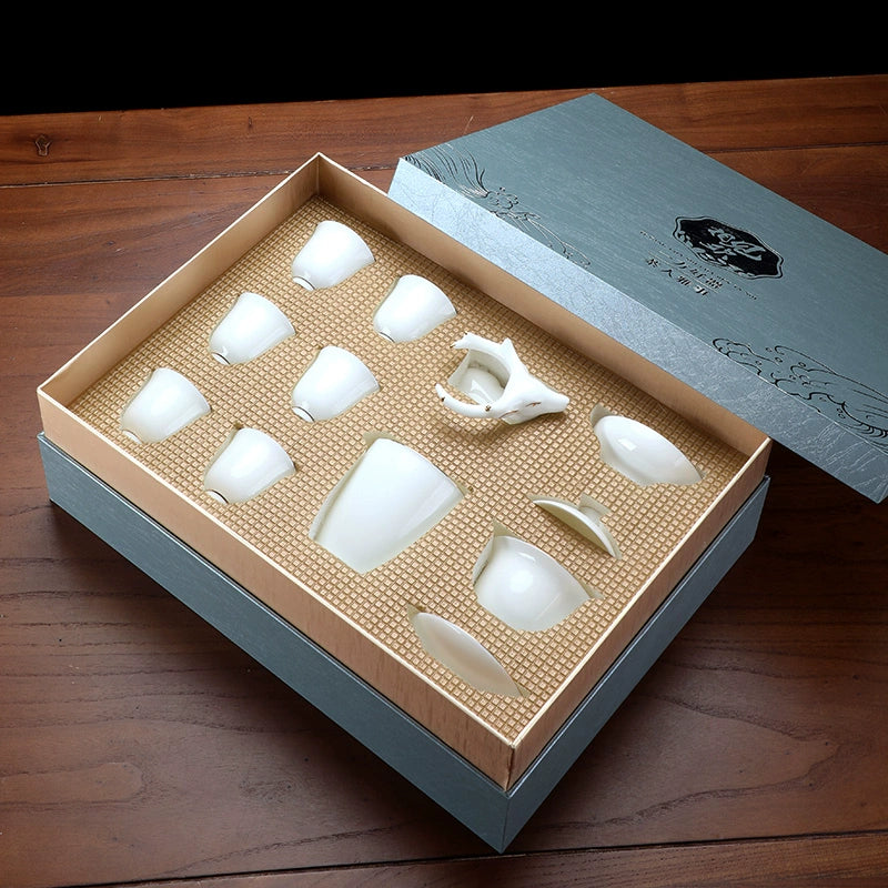 优质德化瓷茶具 - 玉釉陶瓷茶壶配紧凑茶杯,优雅白色陶瓷茶具,适用于家庭、办公室或客厅使用